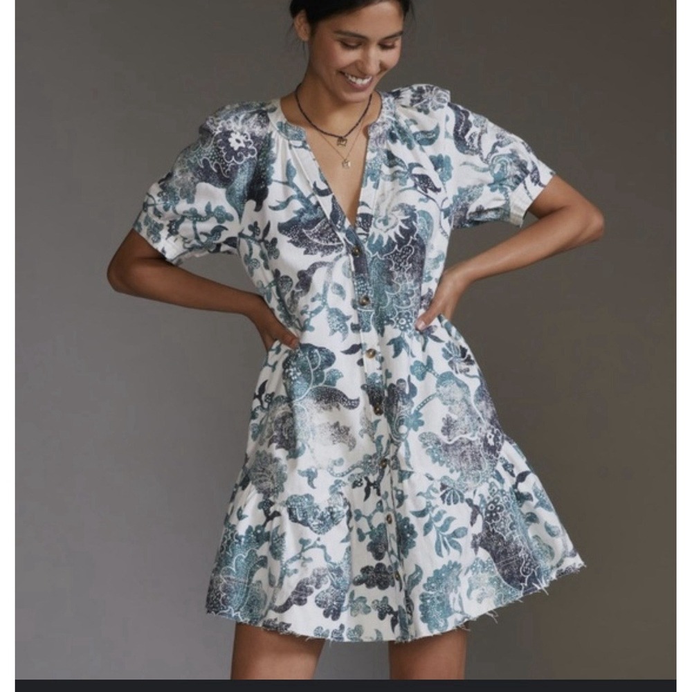 NEW Pilcro Anthropologie Blue Motif Button Front Mini Dress Boho Floral S
